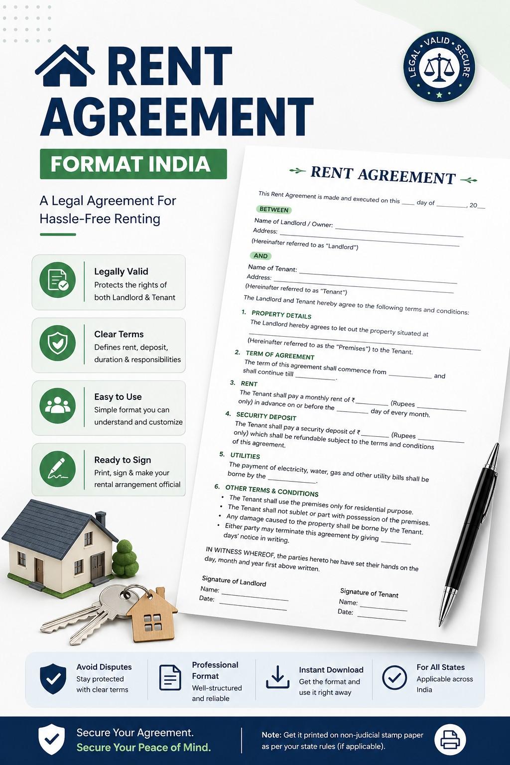 Rent agreement document, keys, and a pen — Indian tenancy paperwork