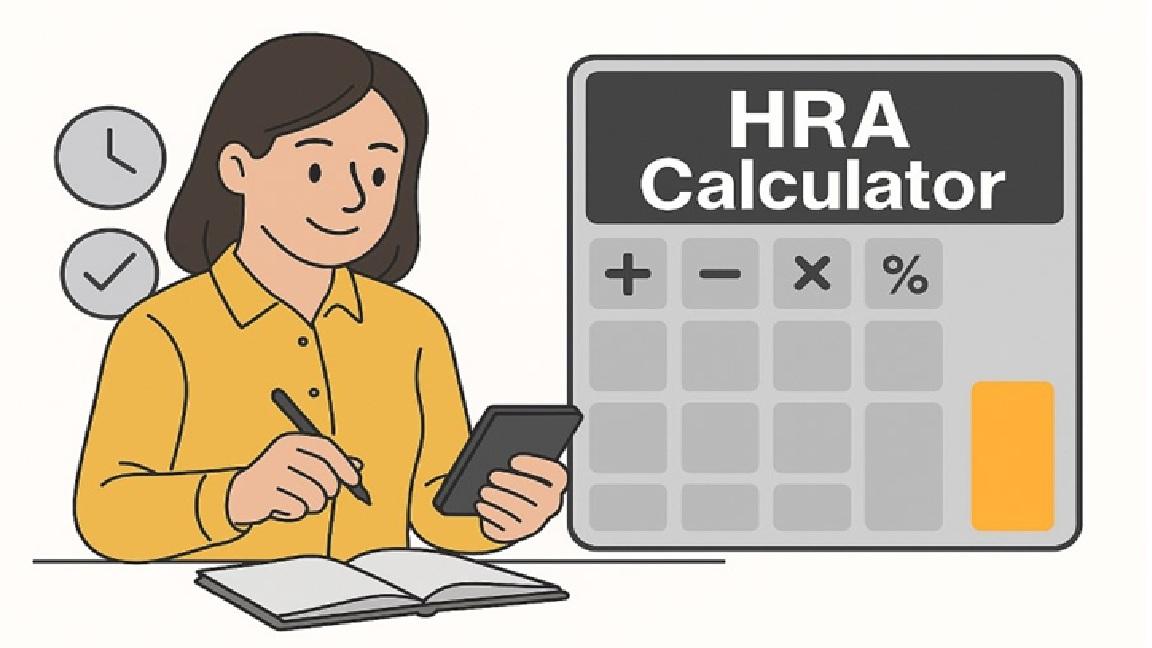 Indian salary slip with HRA component highlighted, calculator and rent receipts on a desk