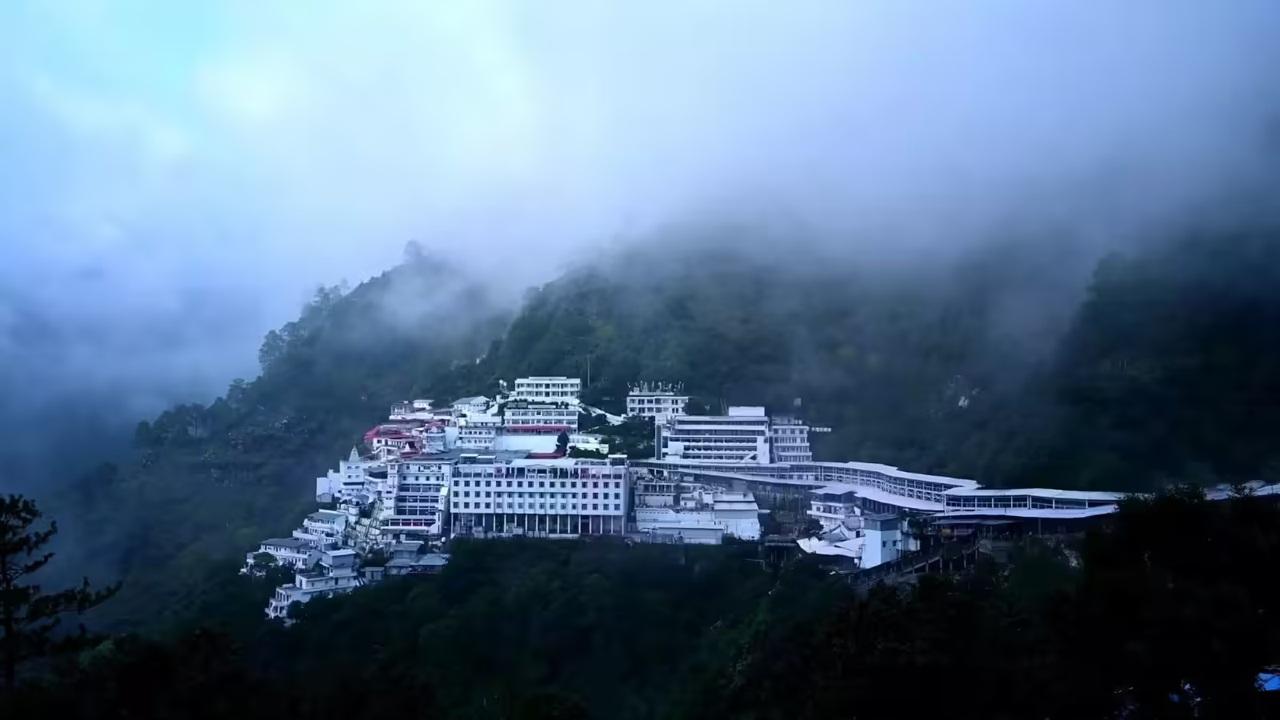Vaishno Devi temple complex at Trikuta hills, Katra, with pilgrims walking the route