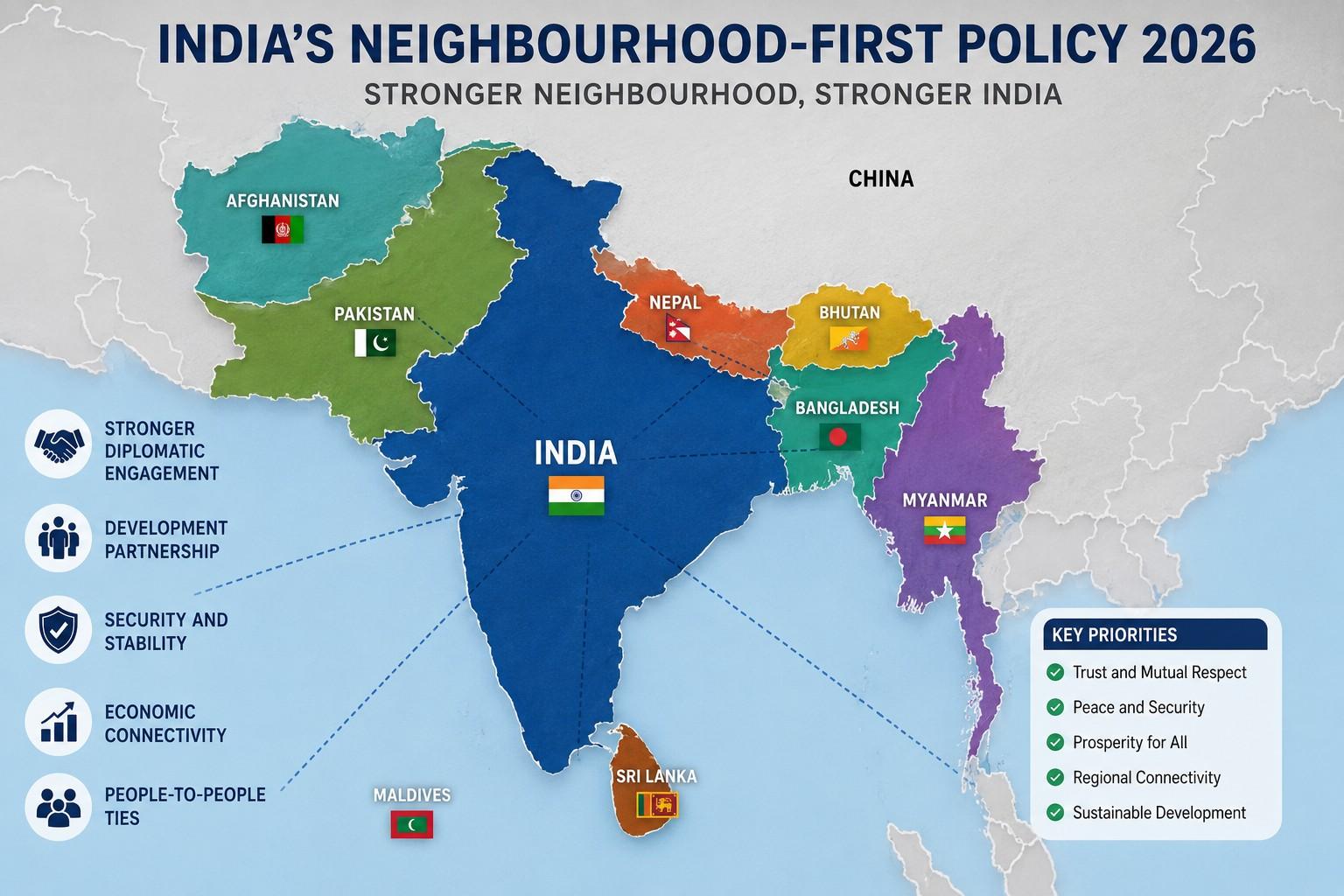 Map of South Asia with India and its immediate neighbours highlighted