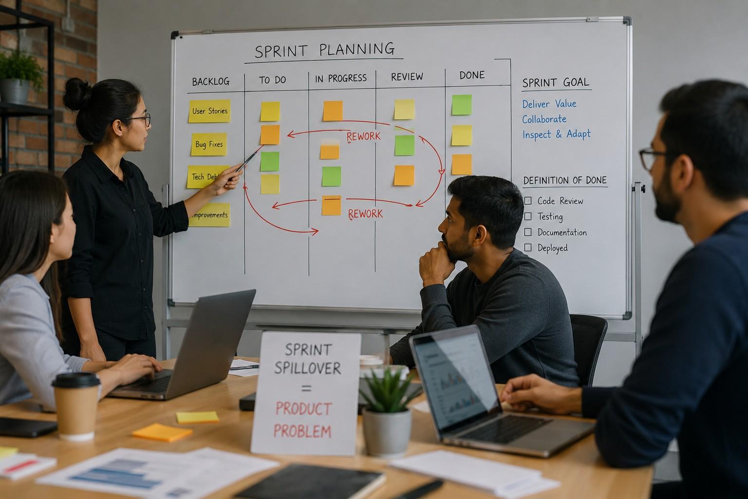 Product owner reviewing system architecture diagram with engineering team
