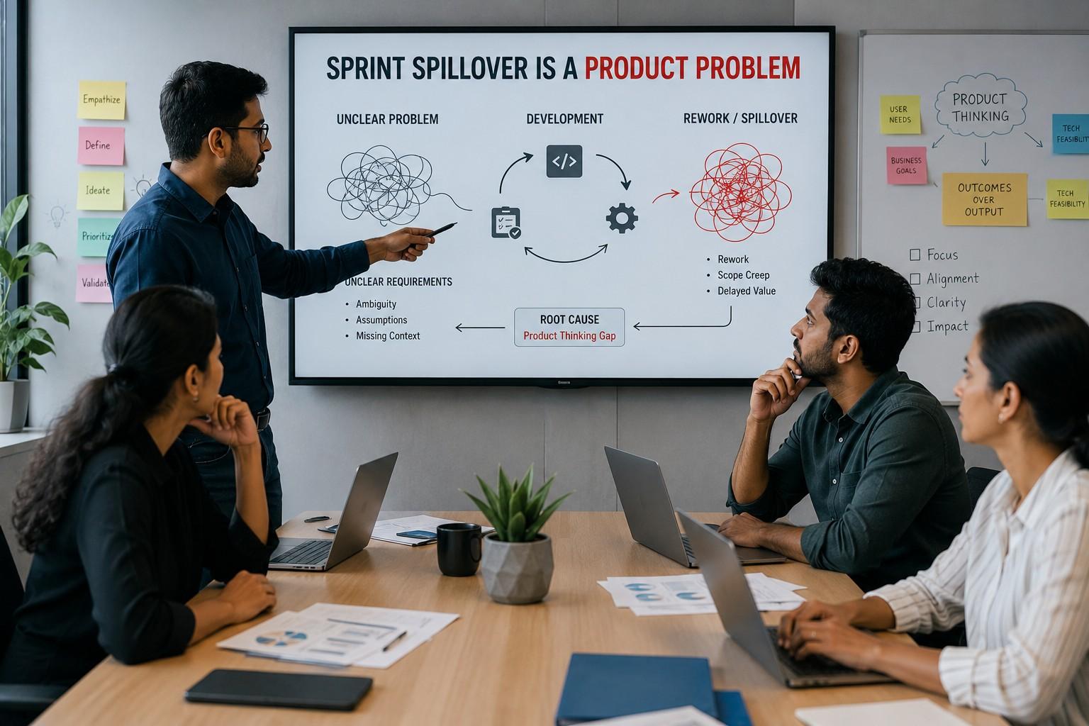 Sprint planning whiteboard with rework loops and missed requirements highlighted