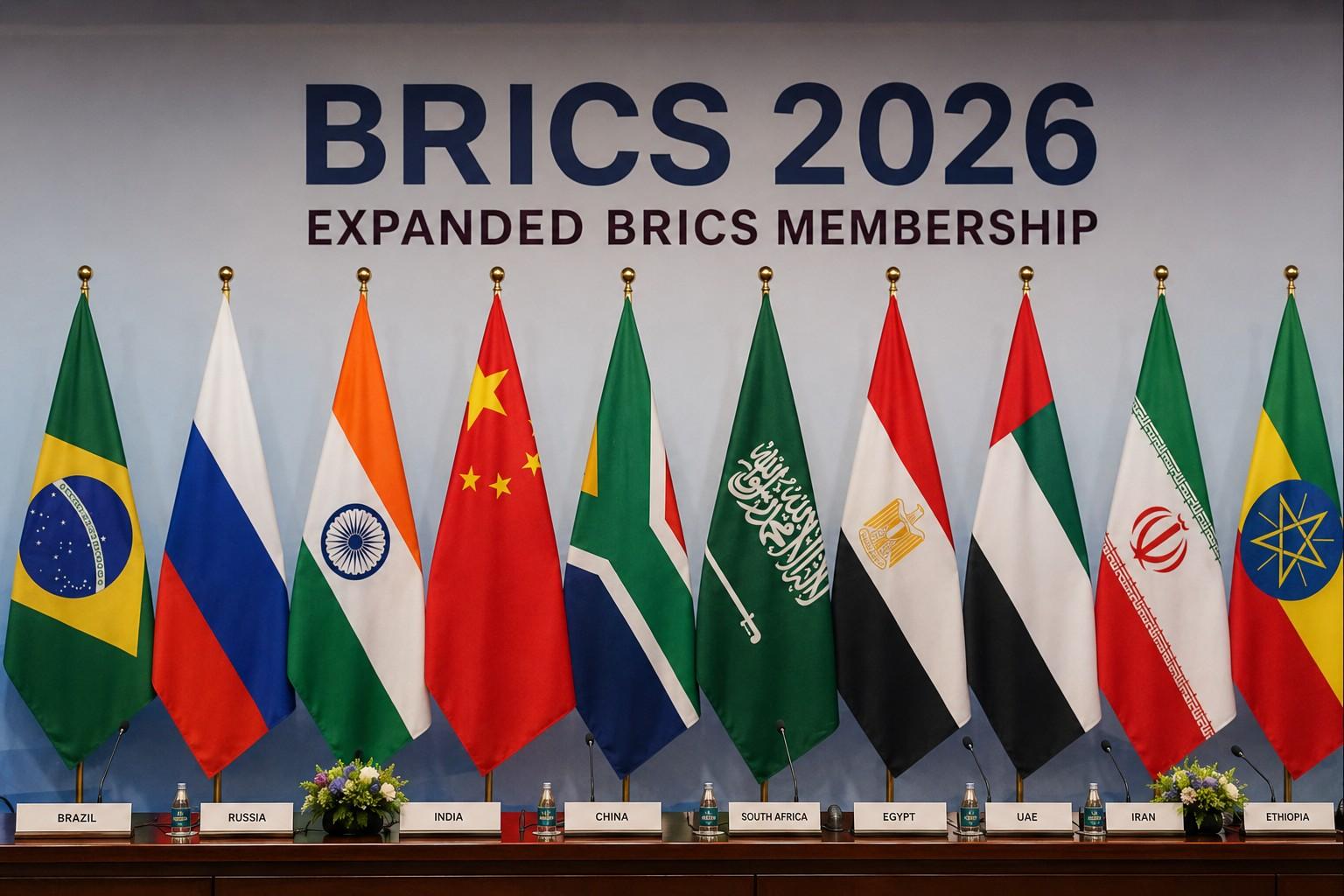 Flags of expanded BRICS member nations arranged at a summit table