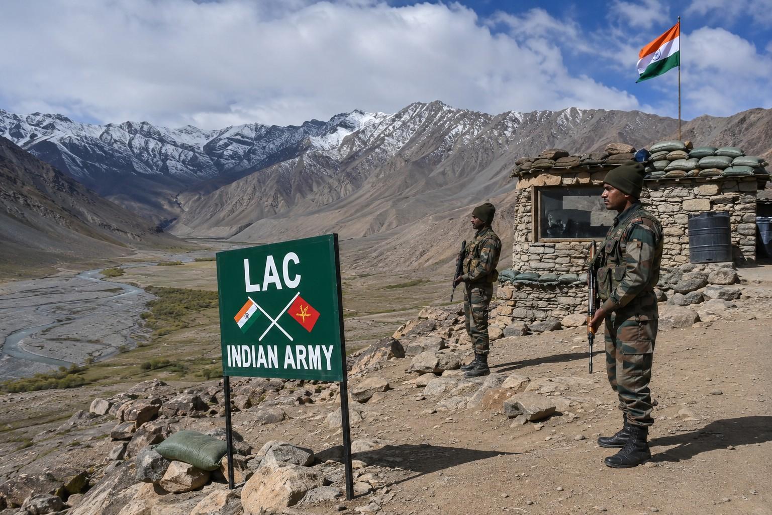 Mountainous Line of Actual Control terrain in Ladakh with Indian Army patrol post