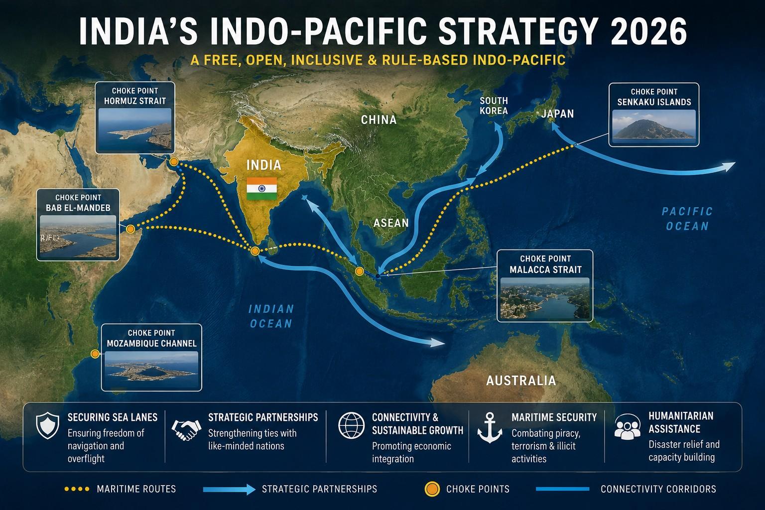 Map of the Indo-Pacific region showing India's maritime corridors and naval reach