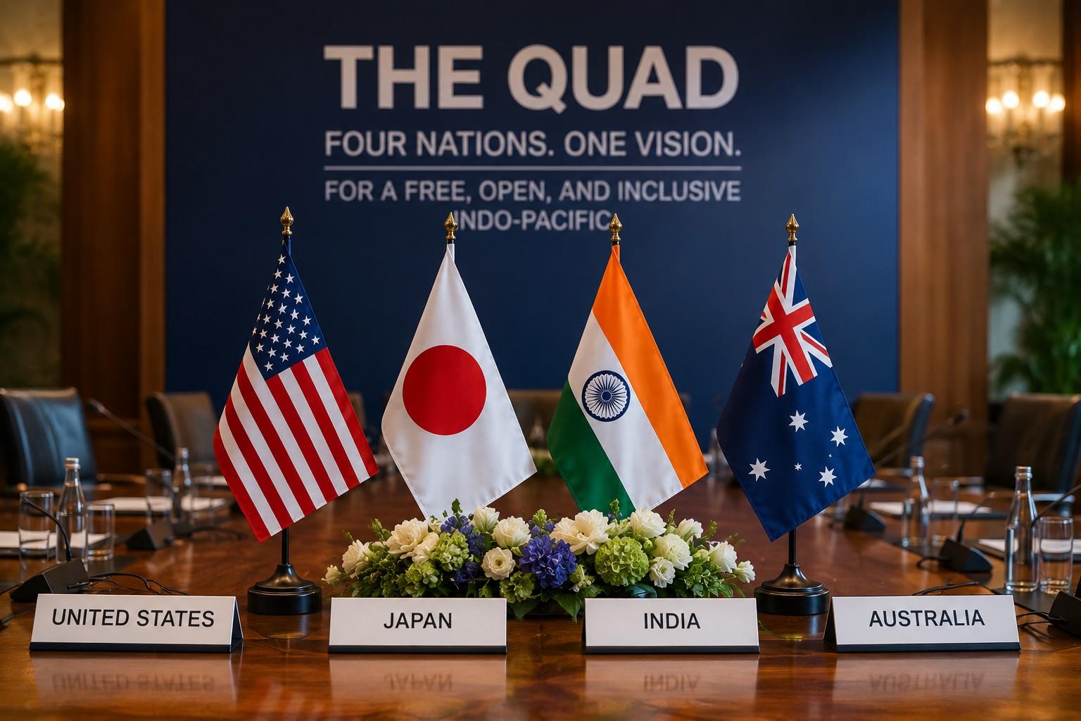 Flags of India, United States, Japan, and Australia arranged at a Quad summit